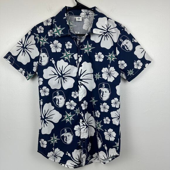 Seattle Mariners Youth Lou Piniella Hawaiian Button-Up Blue/White Shirt Large - Picture 1 of 10